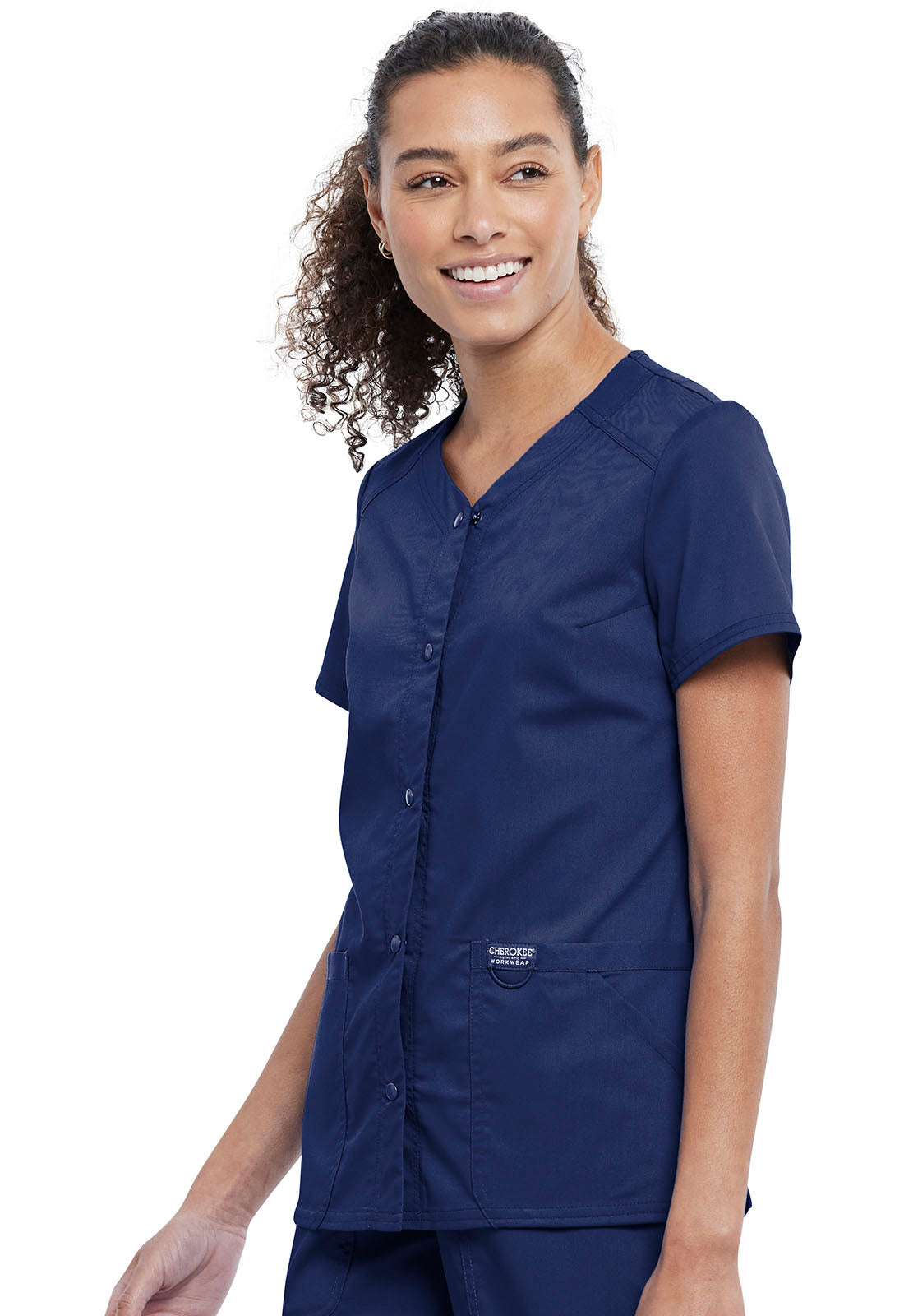 Revolution WW622 Snap Front V-Neck Top Navy Model Image Right Side | Cherokee Workwear