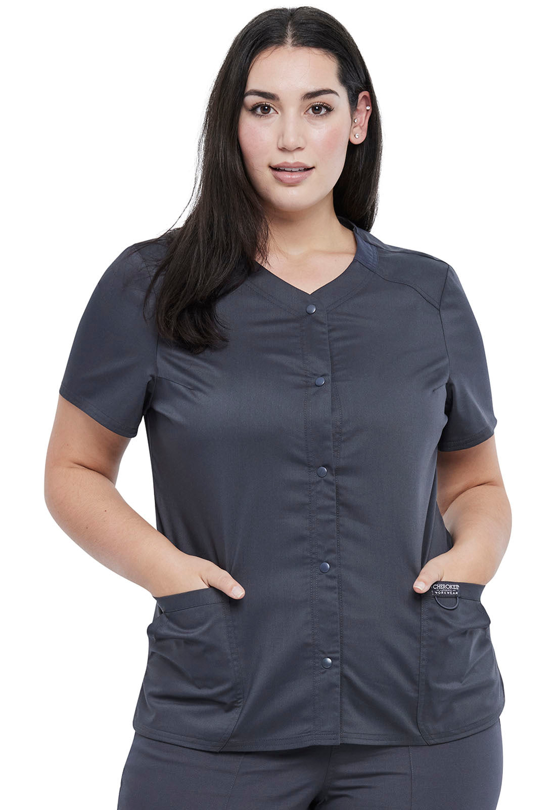 Revolution WW622 Snap Front V-Neck Top Pewter Model Image Front | Cherokee Workwear