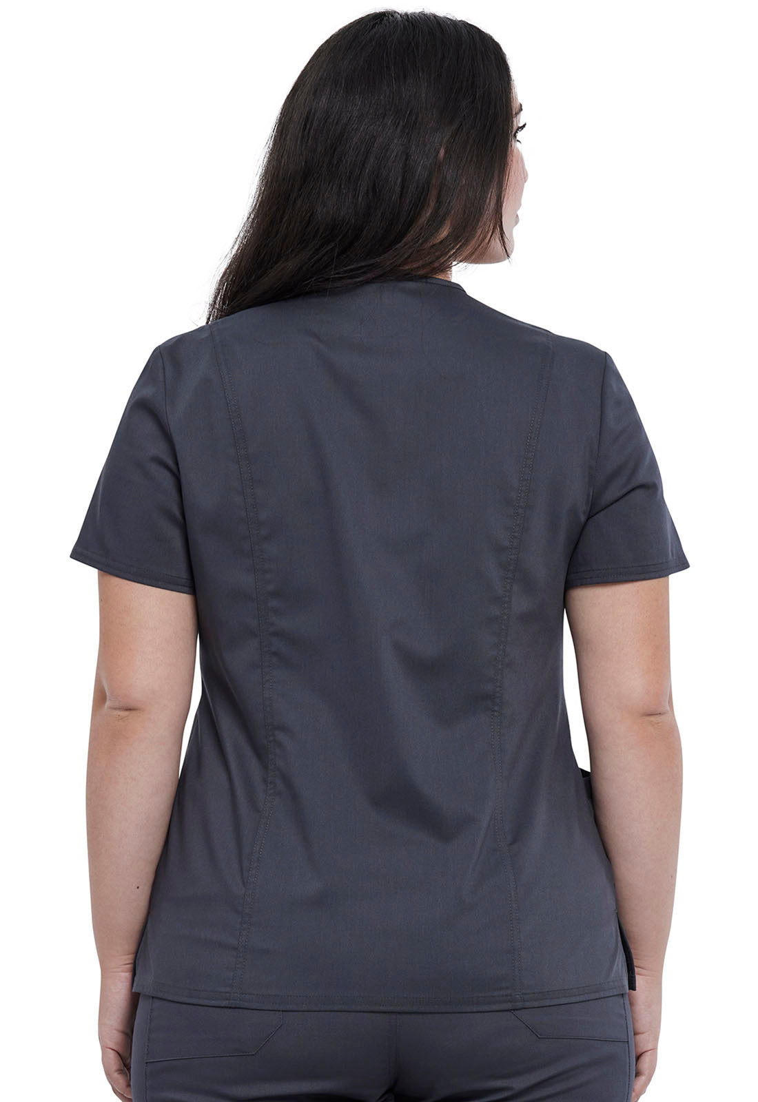 Revolution WW622 Snap Front V-Neck Top Pewter Model Image Back | Cherokee Workwear