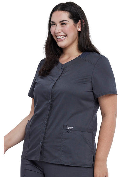 Revolution WW622 Snap Front V-Neck Top Pewter Model Image Right Side | Cherokee Workwear