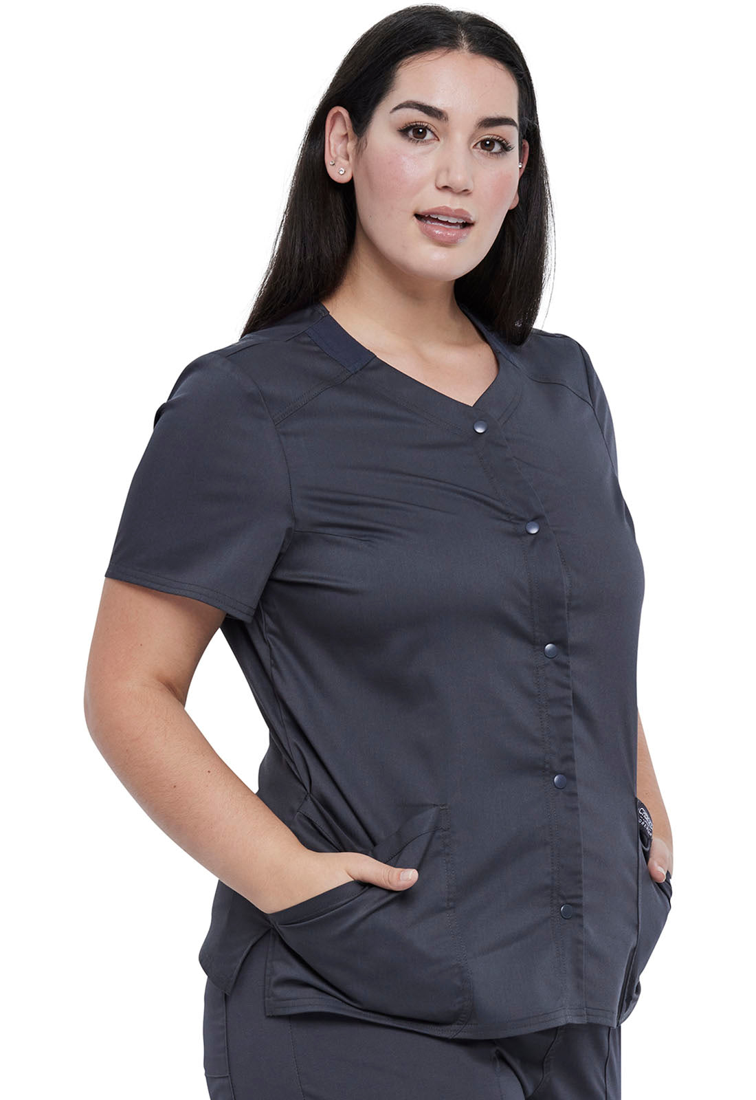 Revolution WW622 Snap Front V-Neck Top Pewter Model Image Left Side | Cherokee Workwear