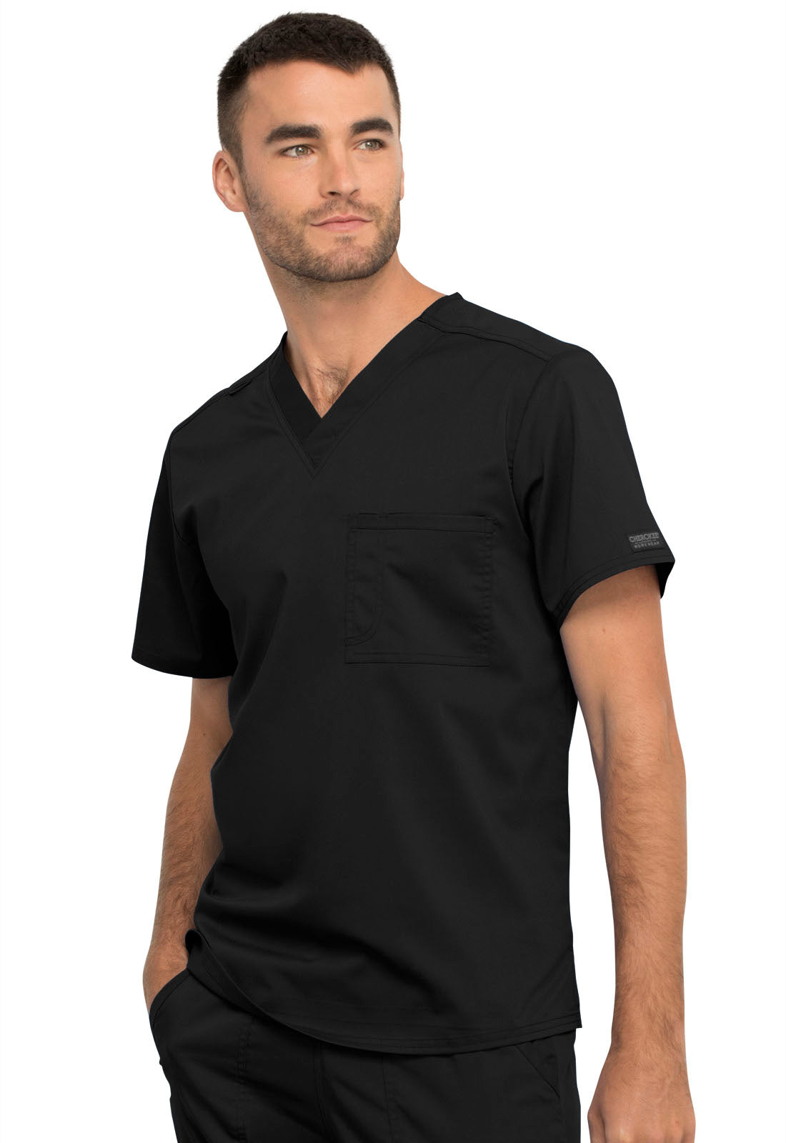 Revolution WW625 Unisex 1 Pocket Tuckable V-Neck Top Black Model Image Right Side | Cherokee Workwear