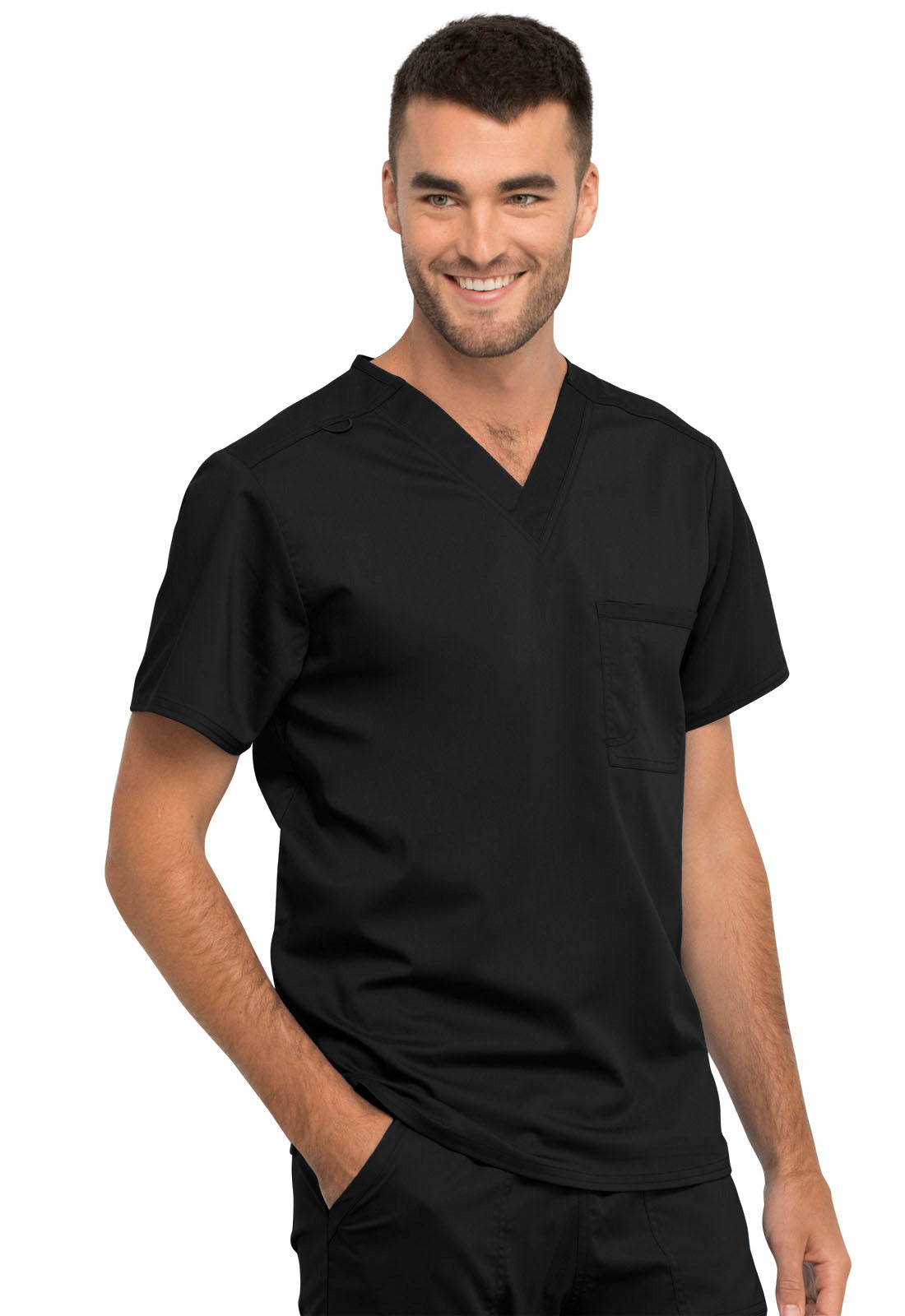 Revolution WW625 Unisex 1 Pocket Tuckable V-Neck Top Black Model Image Left Side | Cherokee Workwear