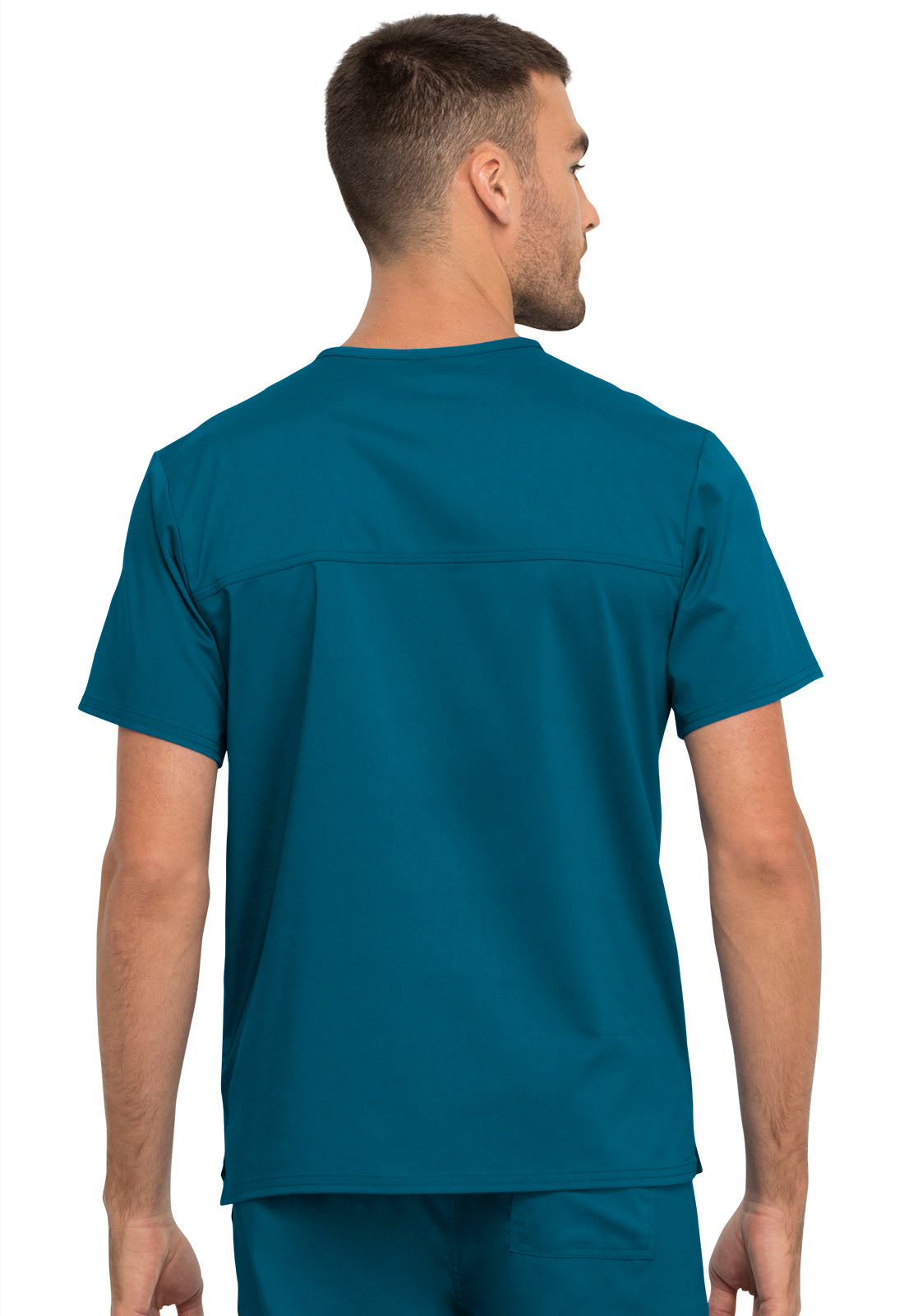 Revolution WW625 Unisex 1 Pocket Tuckable V-Neck Top Caribbean Blue Model Image Back | Cherokee Workwear