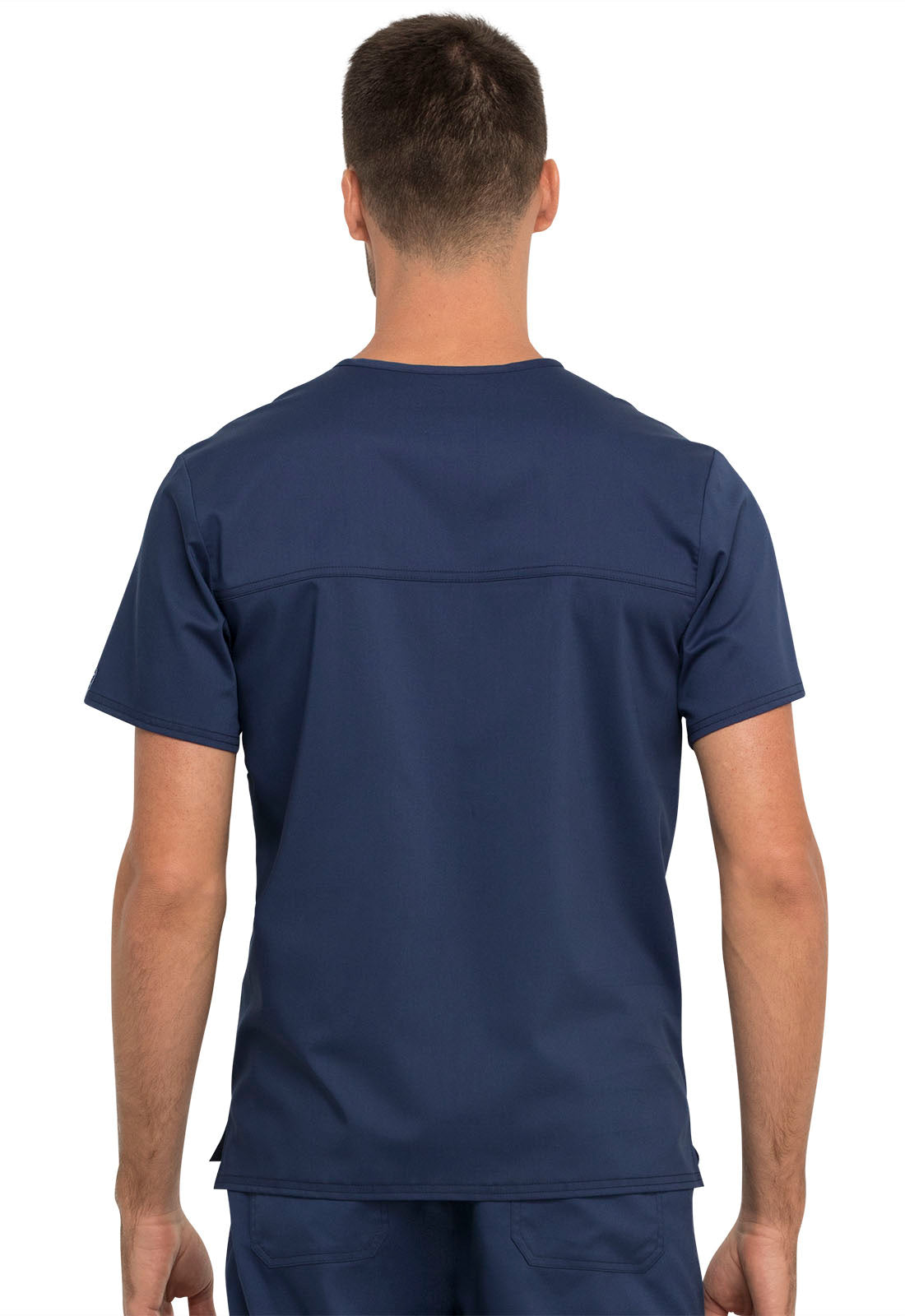 Revolution WW625 Unisex 1 Pocket Tuckable V-Neck Top Navy Model Image Back | Cherokee Workwear