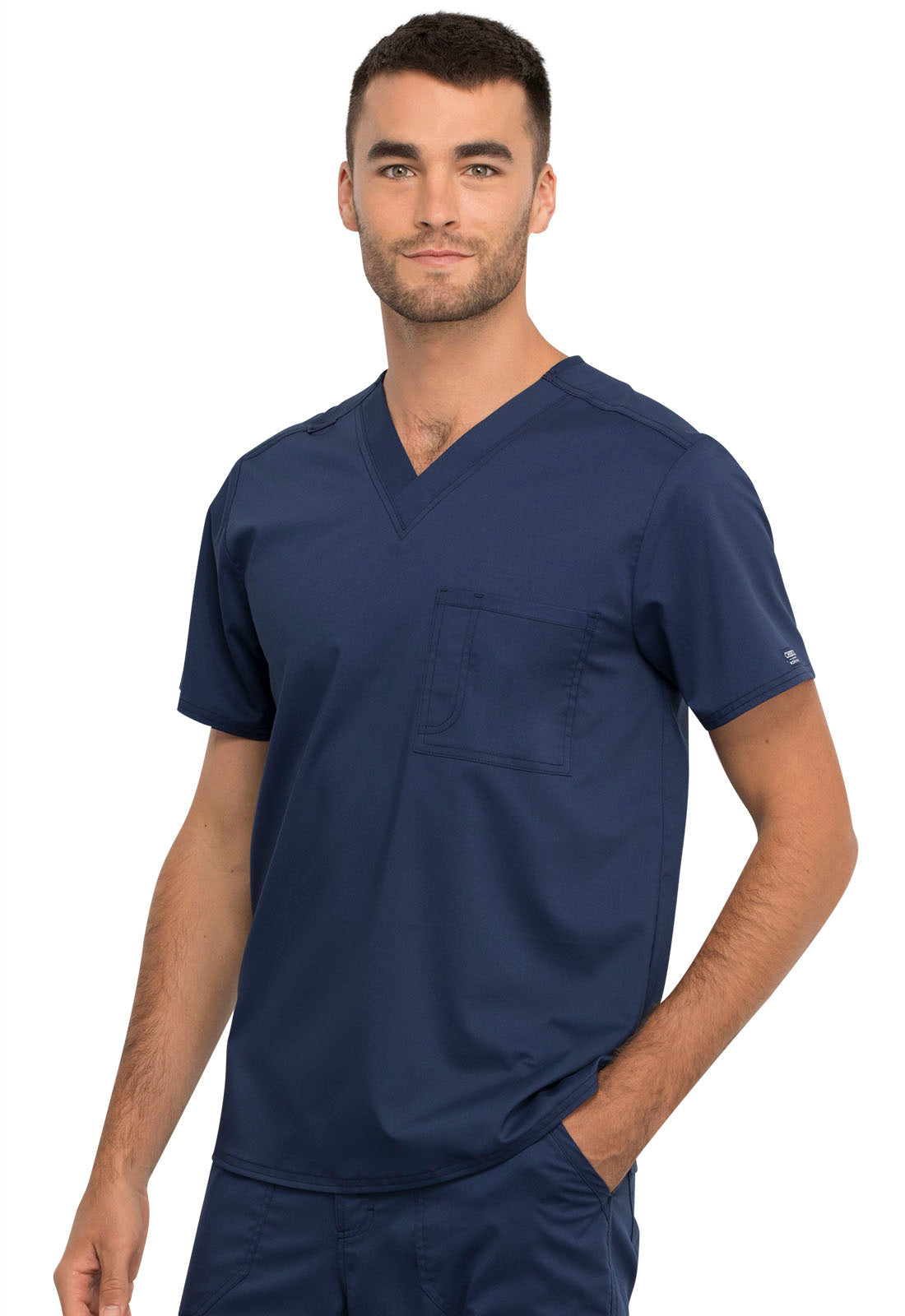 Revolution WW625 Unisex 1 Pocket Tuckable V-Neck Top Navy Model Image Right Side | Cherokee Workwear