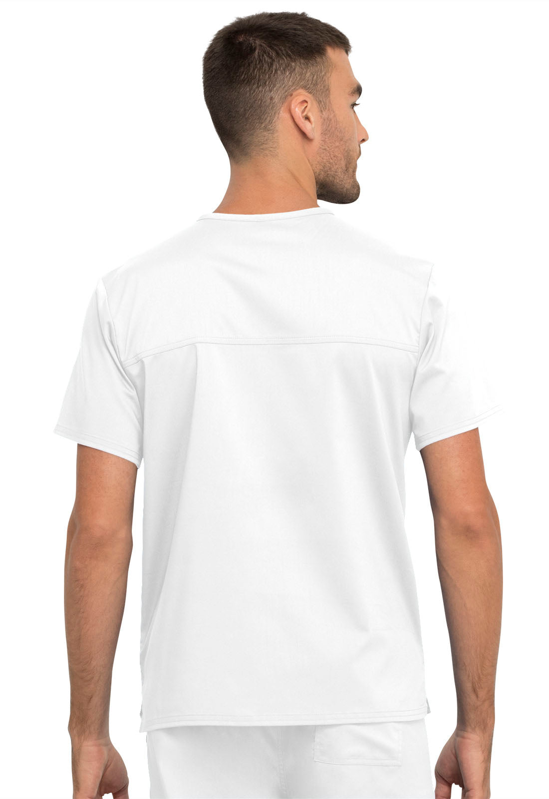 Revolution WW625 Unisex 1 Pocket Tuckable V-Neck Top White Model Image Back | Cherokee Workwear