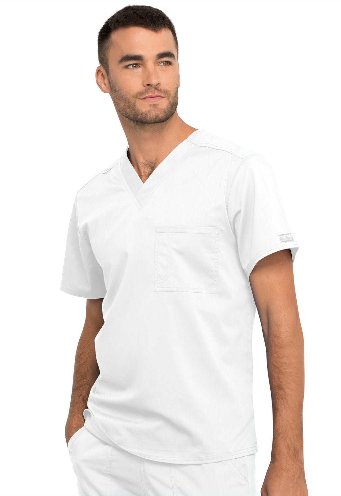 Revolution WW625 Unisex 1 Pocket Tuckable V-Neck Top White Model Image Right Side | Cherokee Workwear