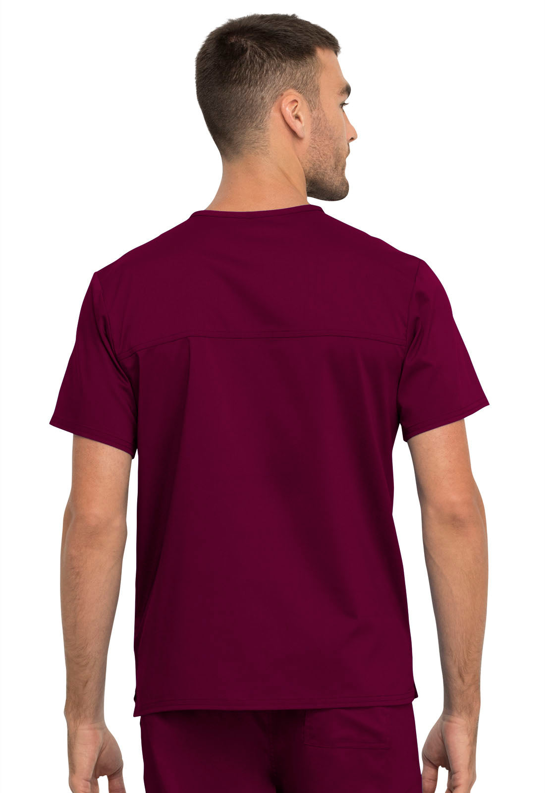 Revolution WW625 Unisex 1 Pocket Tuckable V-Neck Top Wine Model Image Back | Cherokee Workwear