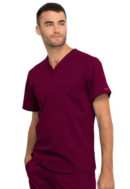 Revolution WW625 Unisex 1 Pocket Tuckable V-Neck Top Wine Model Image Right Side | Cherokee Workwear