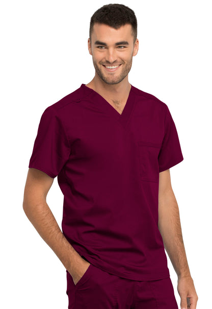 Revolution WW625 Unisex 1 Pocket Tuckable V-Neck Top Wine Model Image Left Side | Cherokee Workwear