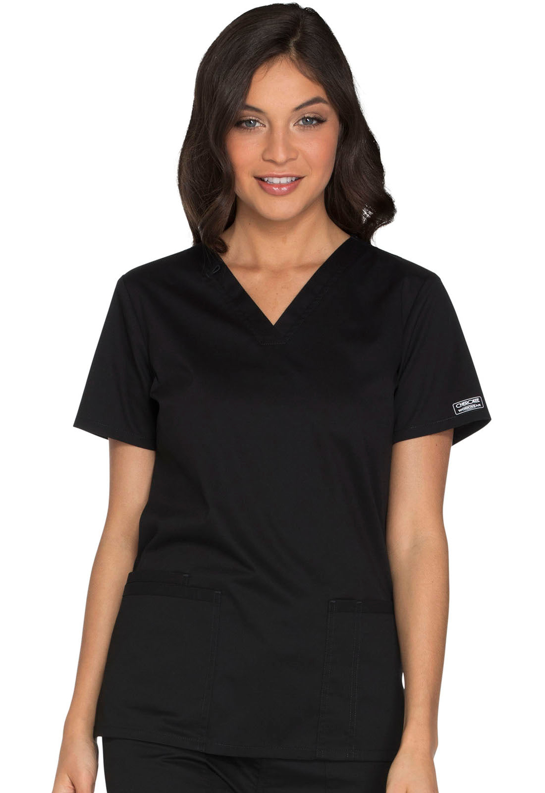 Core Stretch WW630 V-Neck Top Black Model Image Front | Cherokee Workwear