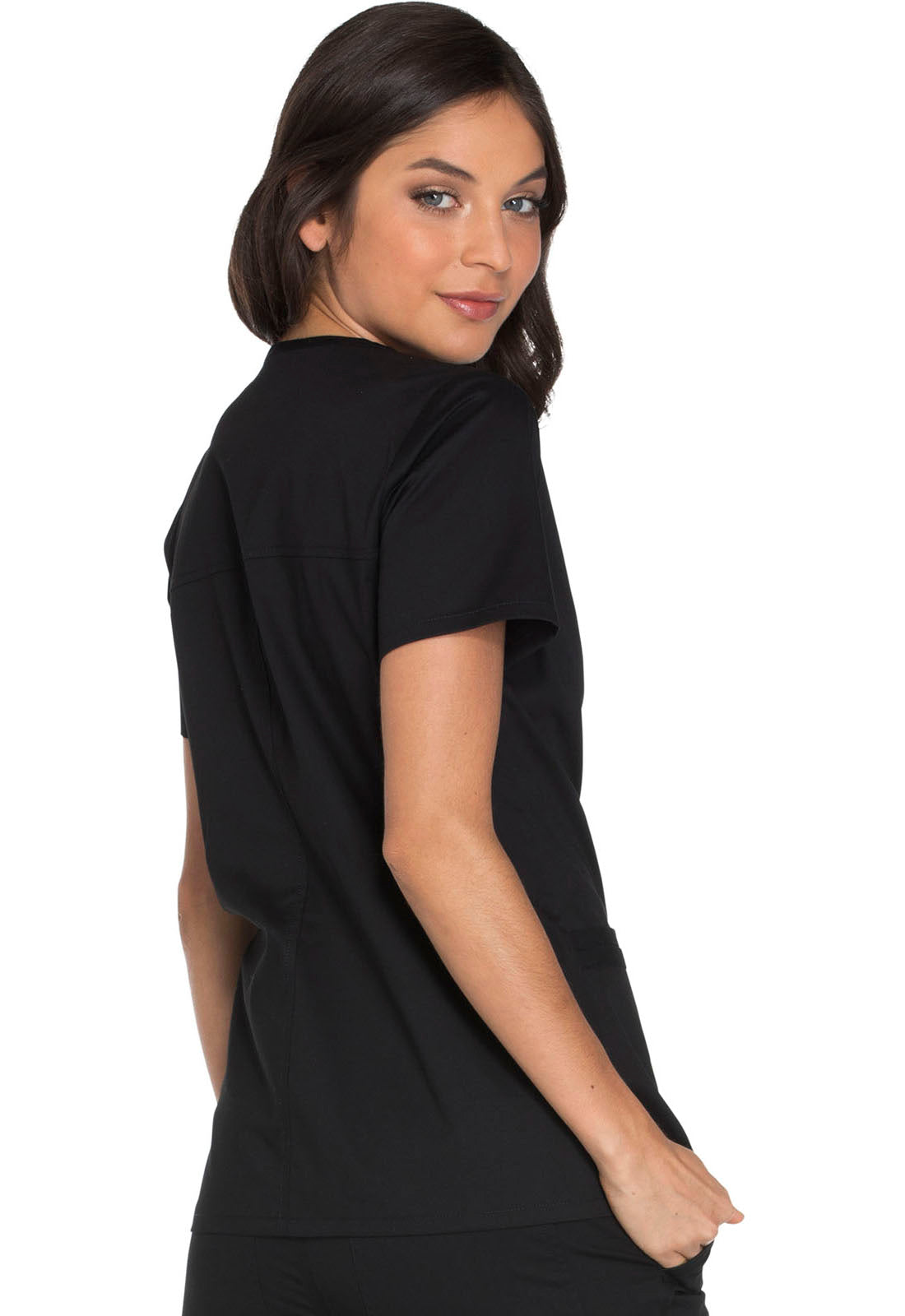 Core Stretch WW630 V-Neck Top Black Model Image Back | Cherokee Workwear