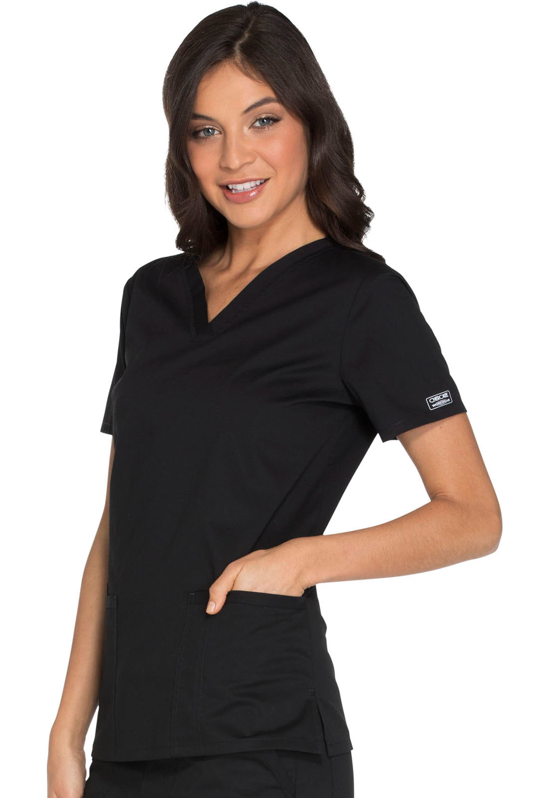 Core Stretch WW630 V-Neck Top Black Model Image Right Side | Cherokee Workwear