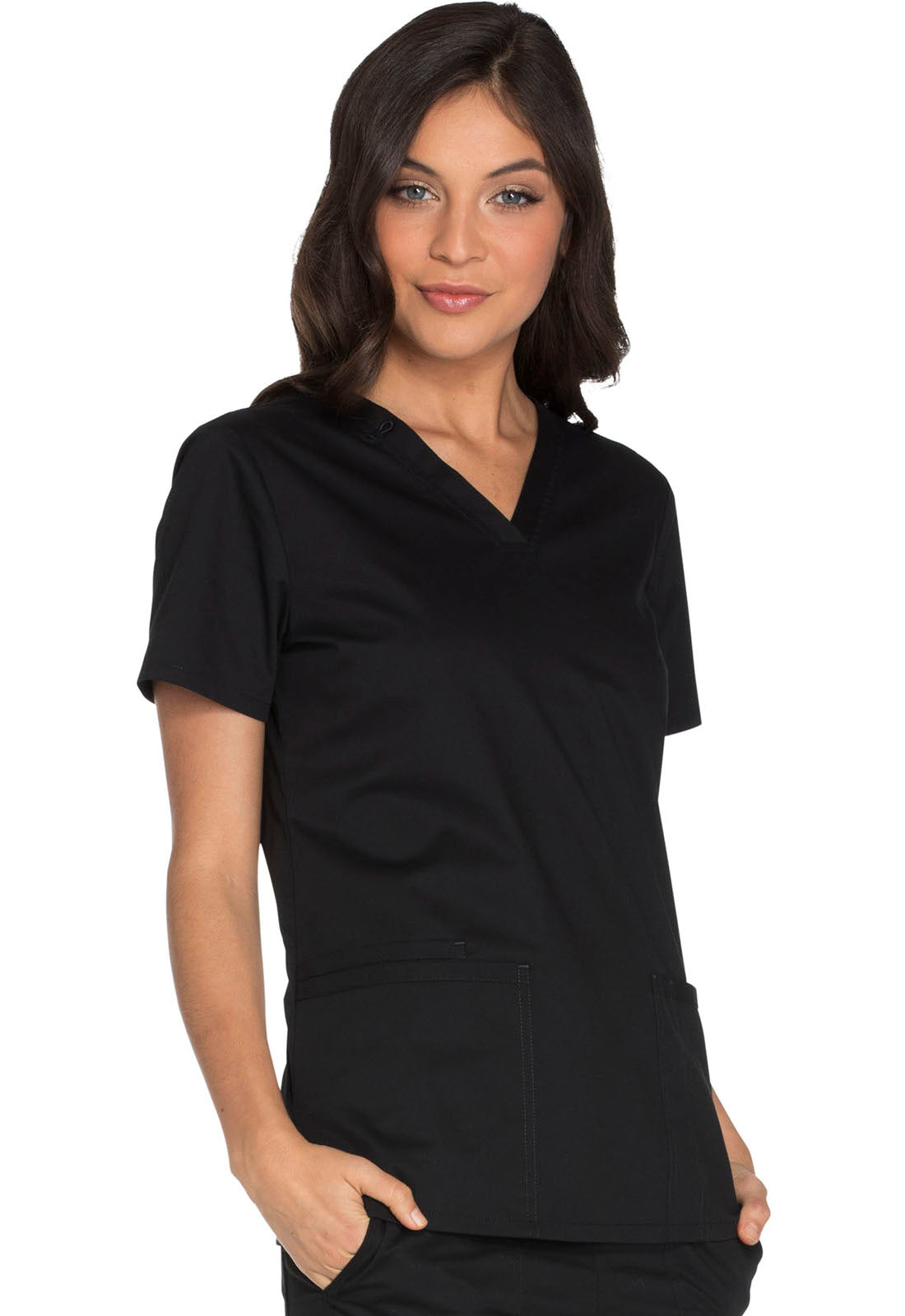 Core Stretch WW630 V-Neck Top Black Model Image Left Side | Cherokee Workwear