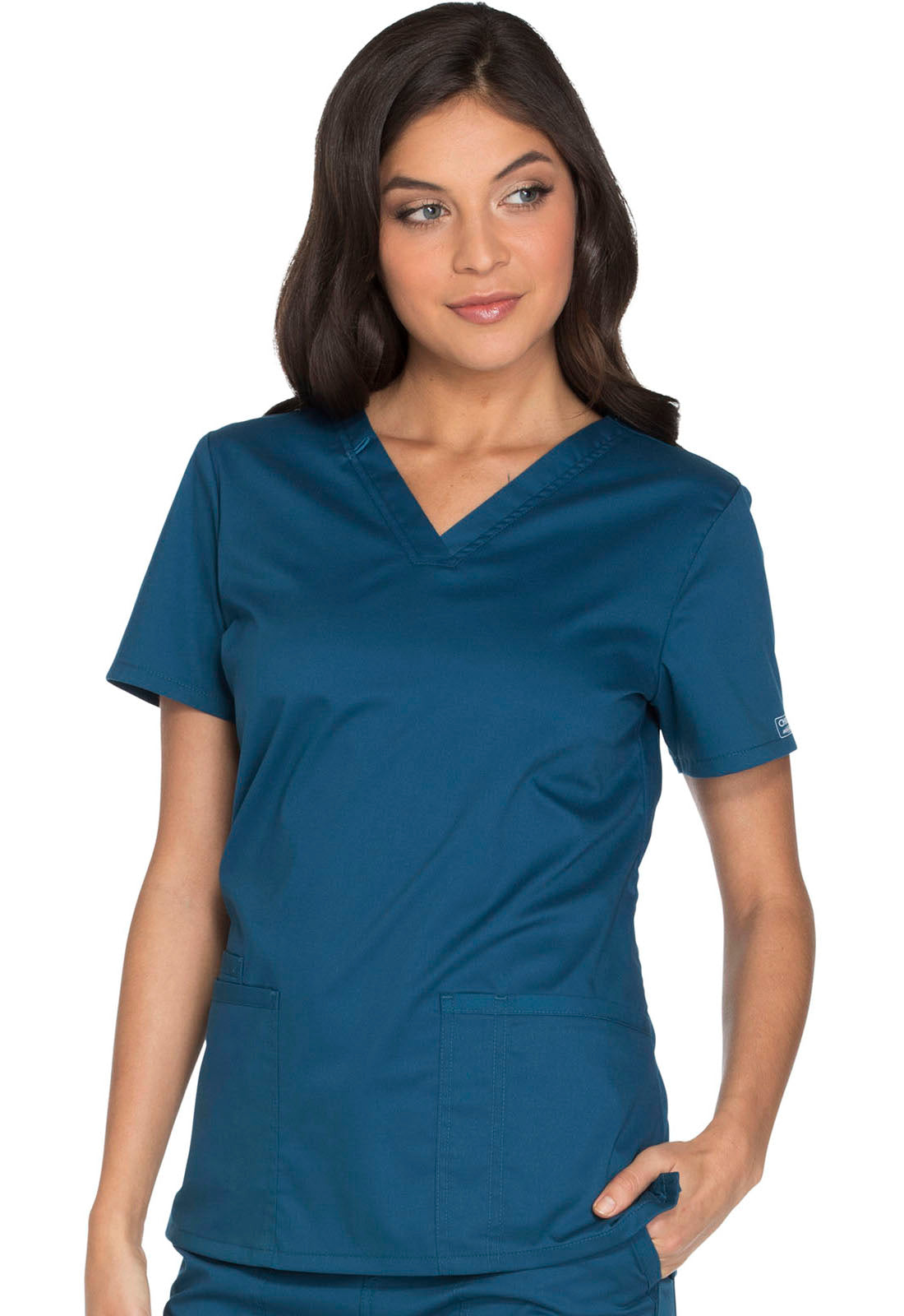 Core Stretch WW630 V-Neck Top Caribbean Blue Model Image Front | Cherokee Workwear