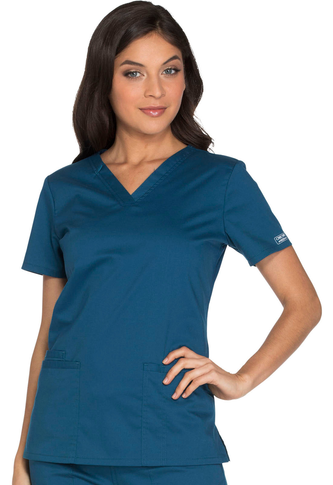 Core Stretch WW630 V-Neck Top Caribbean Blue Model Image Right Side | Cherokee Workwear