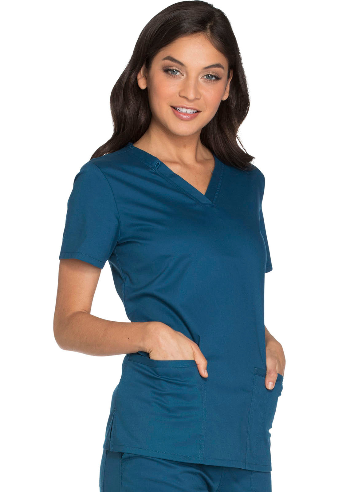 Core Stretch WW630 V-Neck Top Caribbean Blue Model Image Left Side | Cherokee Workwear