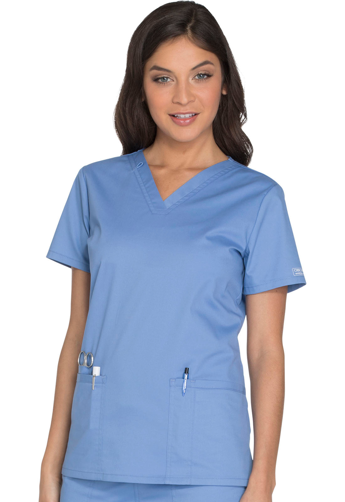 Core Stretch WW630 V-Neck Top Ciel Model Image Right Side | Cherokee Workwear