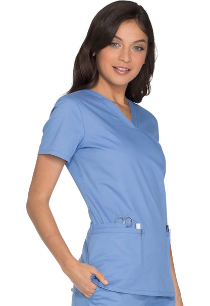 Core Stretch WW630 V-Neck Top Ciel Model Image Left Side | Cherokee Workwear