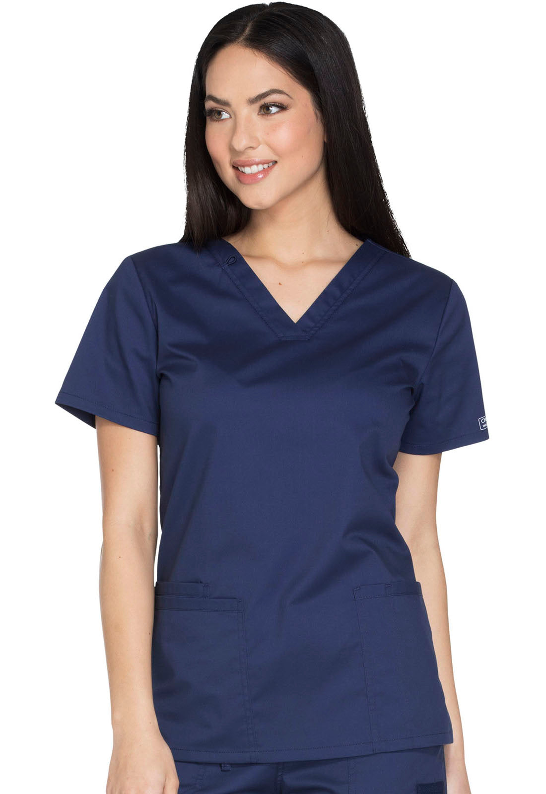 Core Stretch WW630 V-Neck Top Navy Model Image Right Side | Cherokee Workwear