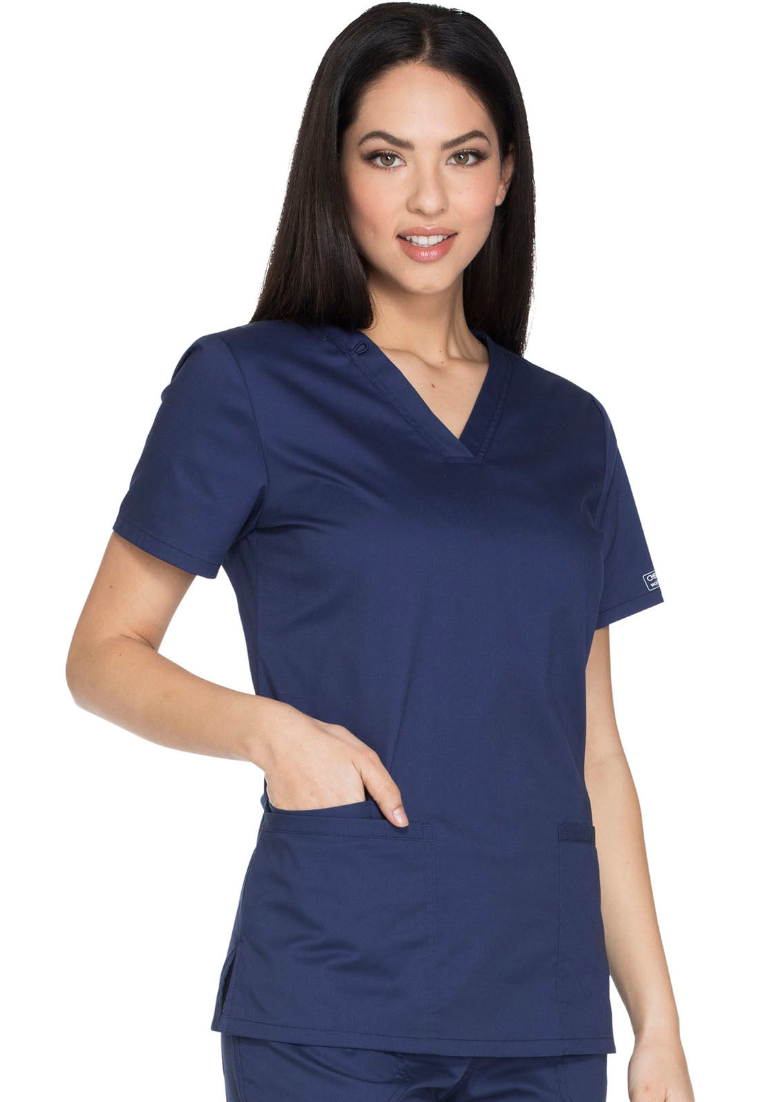 Core Stretch WW630 V-Neck Top Navy Model Image Left Side | Cherokee Workwear