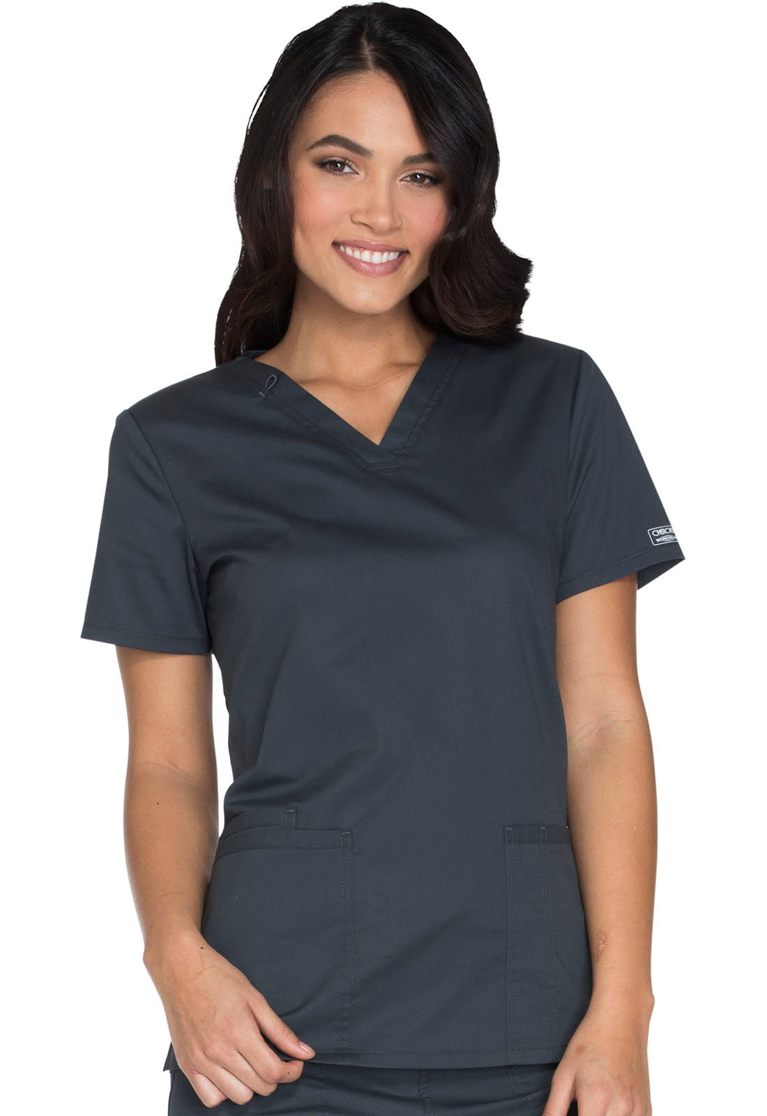 Core Stretch WW630 V-Neck Top Pewter Model Image Front | Cherokee Workwear