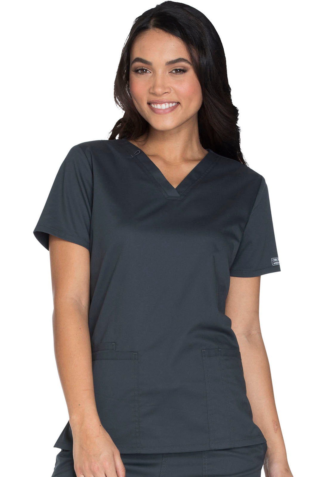 Core Stretch WW630 V-Neck Top Pewter Model Image Right Side | Cherokee Workwear