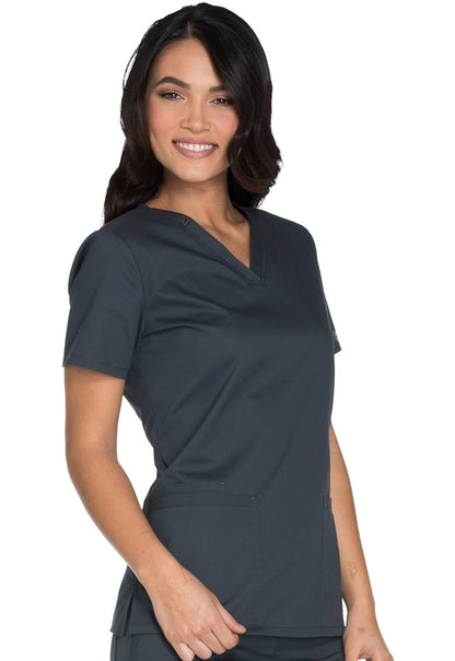 Core Stretch WW630 V-Neck Top Pewter Model Image Left Side | Cherokee Workwear