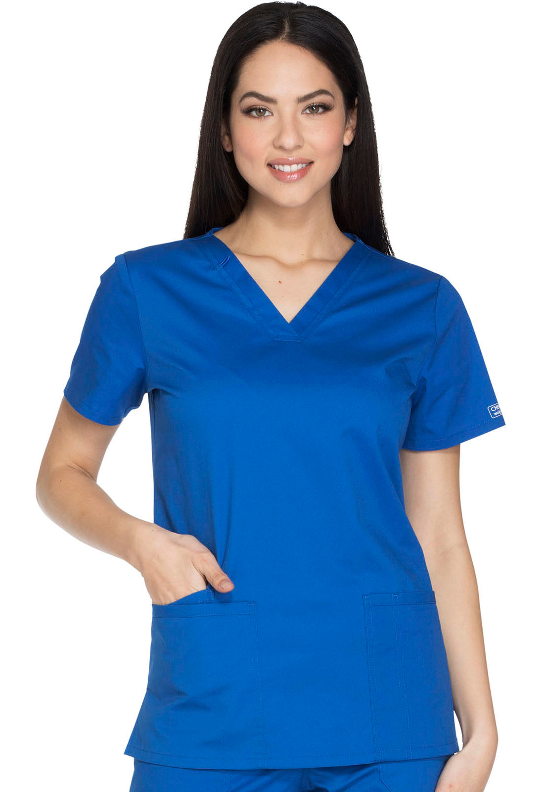 Core Stretch WW630 V-Neck Top Royal Model Image Front | Cherokee Workwear