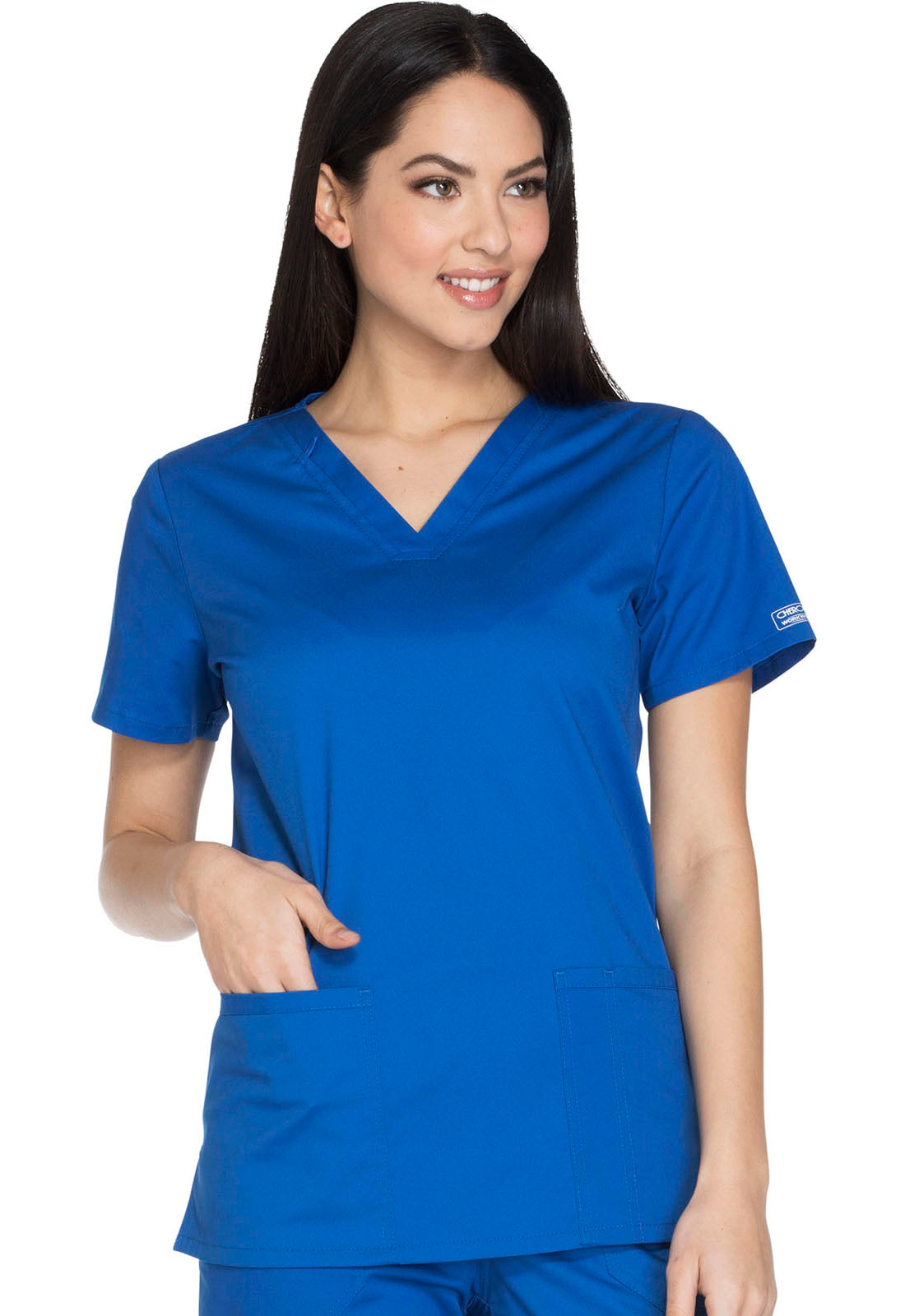 Core Stretch WW630 V-Neck Top Royal Model Image Left Side | Cherokee Workwear