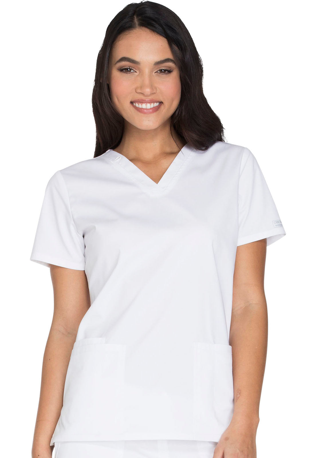 Core Stretch WW630 V-Neck Top White Model Image Front | Cherokee Workwear