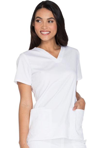 Core Stretch WW630 V-Neck Top White Model Image Left Side | Cherokee Workwear