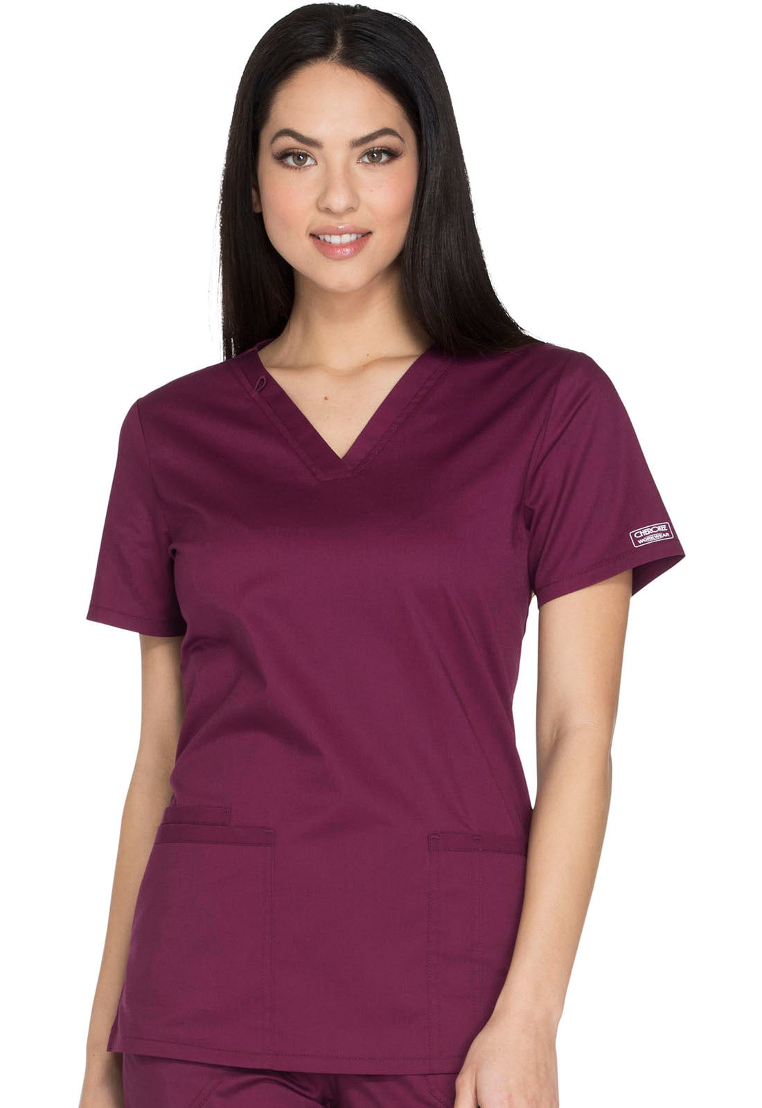 Core Stretch WW630 V-Neck Top Wine Model Image Front | Cherokee Workwear