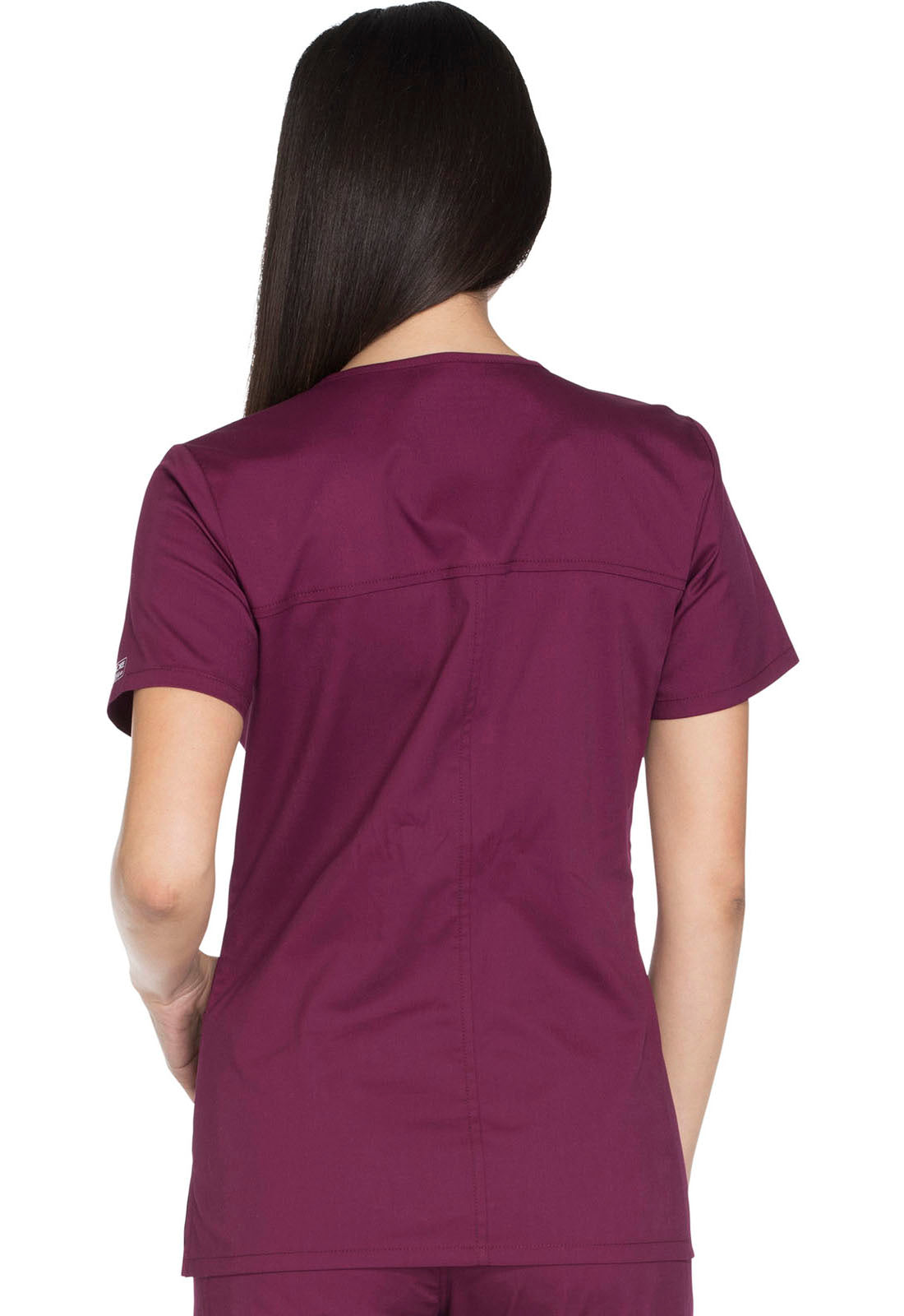 Core Stretch WW630 V-Neck Top Wine Model Image Back | Cherokee Workwear