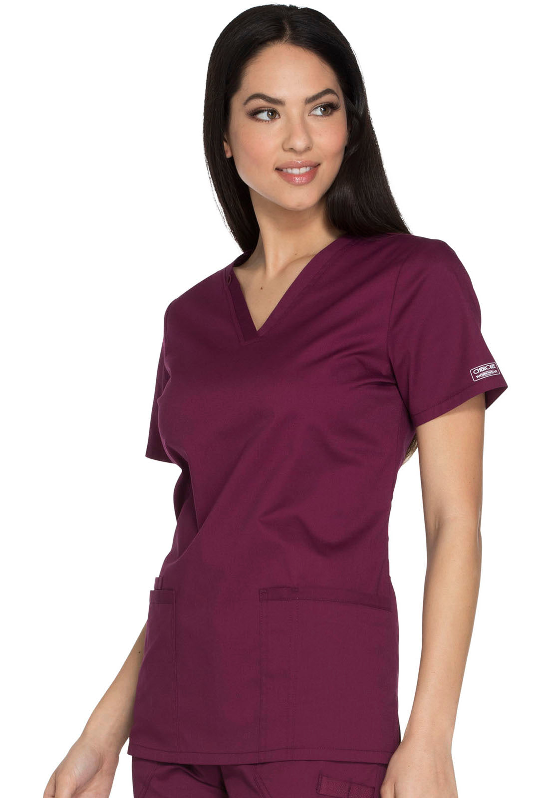 Core Stretch WW630 V-Neck Top Wine Model Image Right Side | Cherokee Workwear