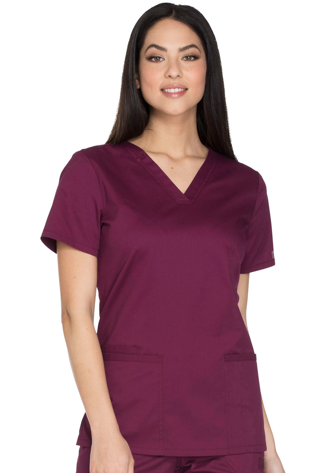 Core Stretch WW630 V-Neck Top Wine Model Image Left Side | Cherokee Workwear