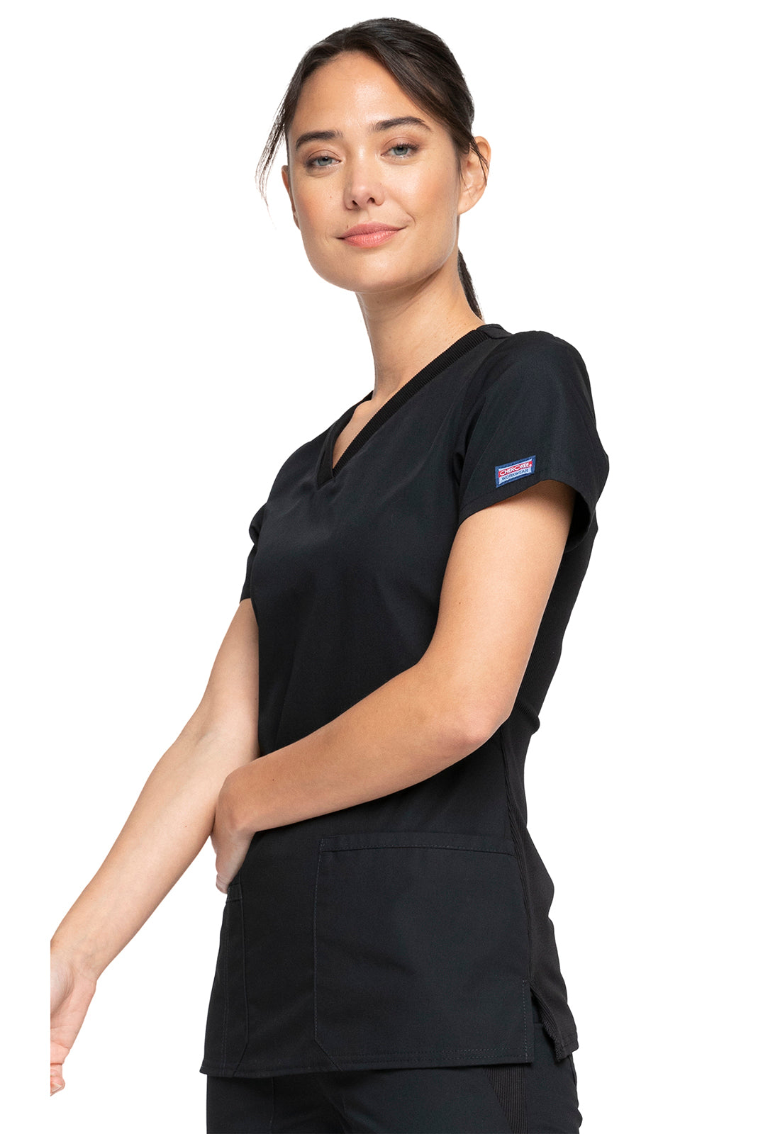 Originals WW645 V-Neck Top Black Model Image Right Side | Cherokee Workwear