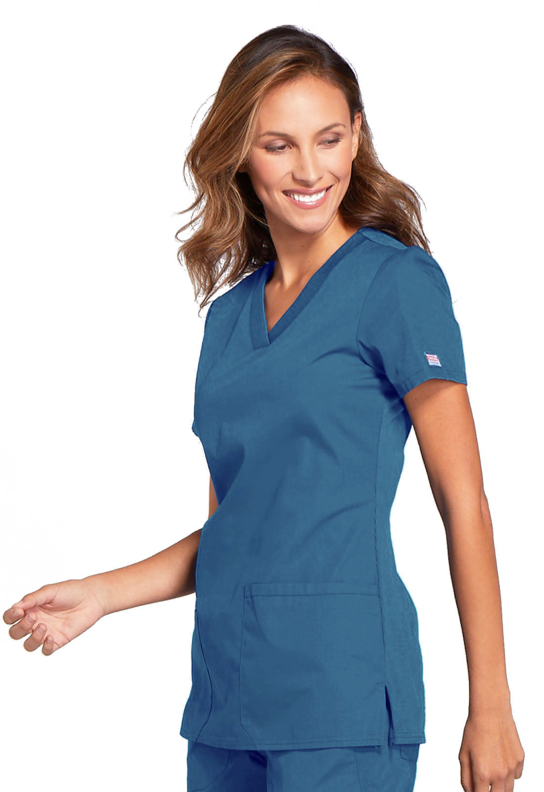 Originals WW645 V-Neck Top Caribbean Blue Model Image Right Side | Cherokee Workwear