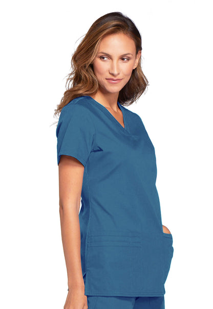 Originals WW645 V-Neck Top Caribbean Blue Model Image Left Side | Cherokee Workwear