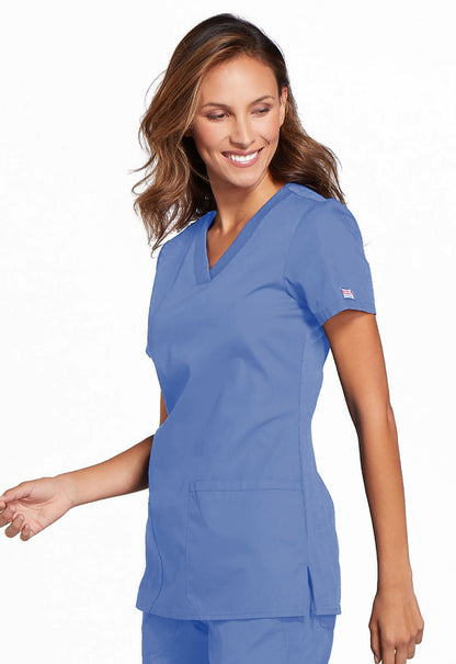 Originals WW645 V-Neck Top Ciel Model Image Right Side | Cherokee Workwear