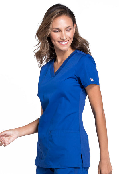 Originals WW645 V-Neck Top Galaxy Blue Model Image Right Side | Cherokee Workwear