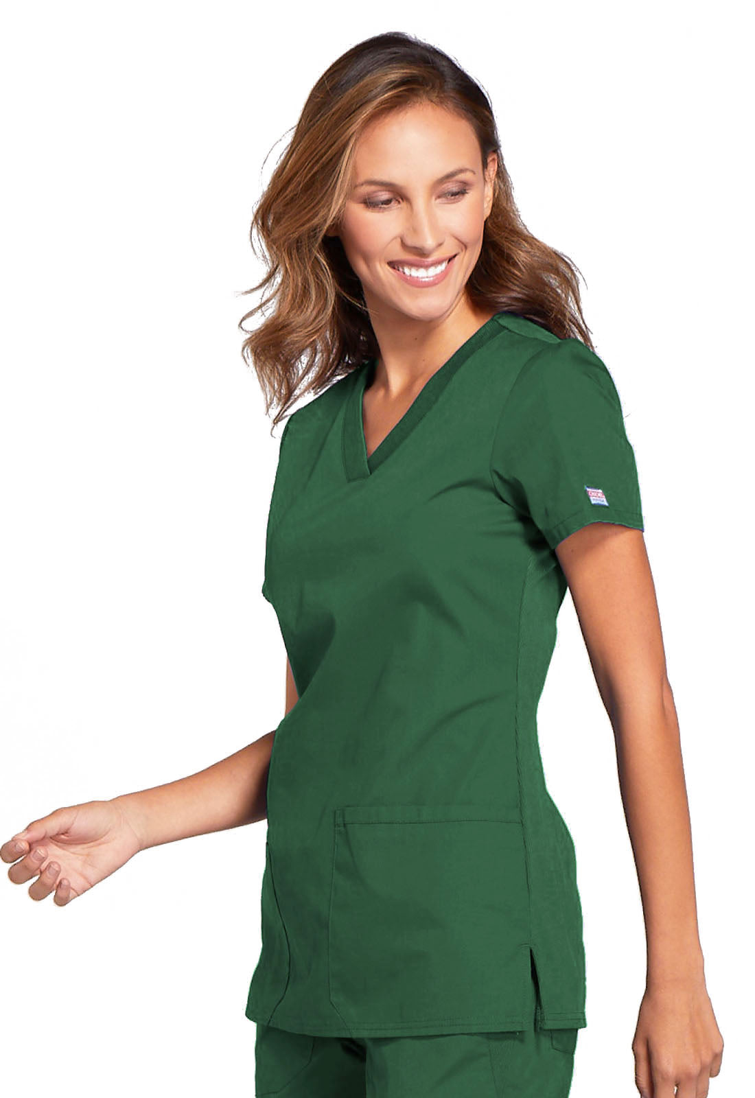 Originals WW645 V-Neck Top Hunter Green Model Image Right Side | Cherokee Workwear