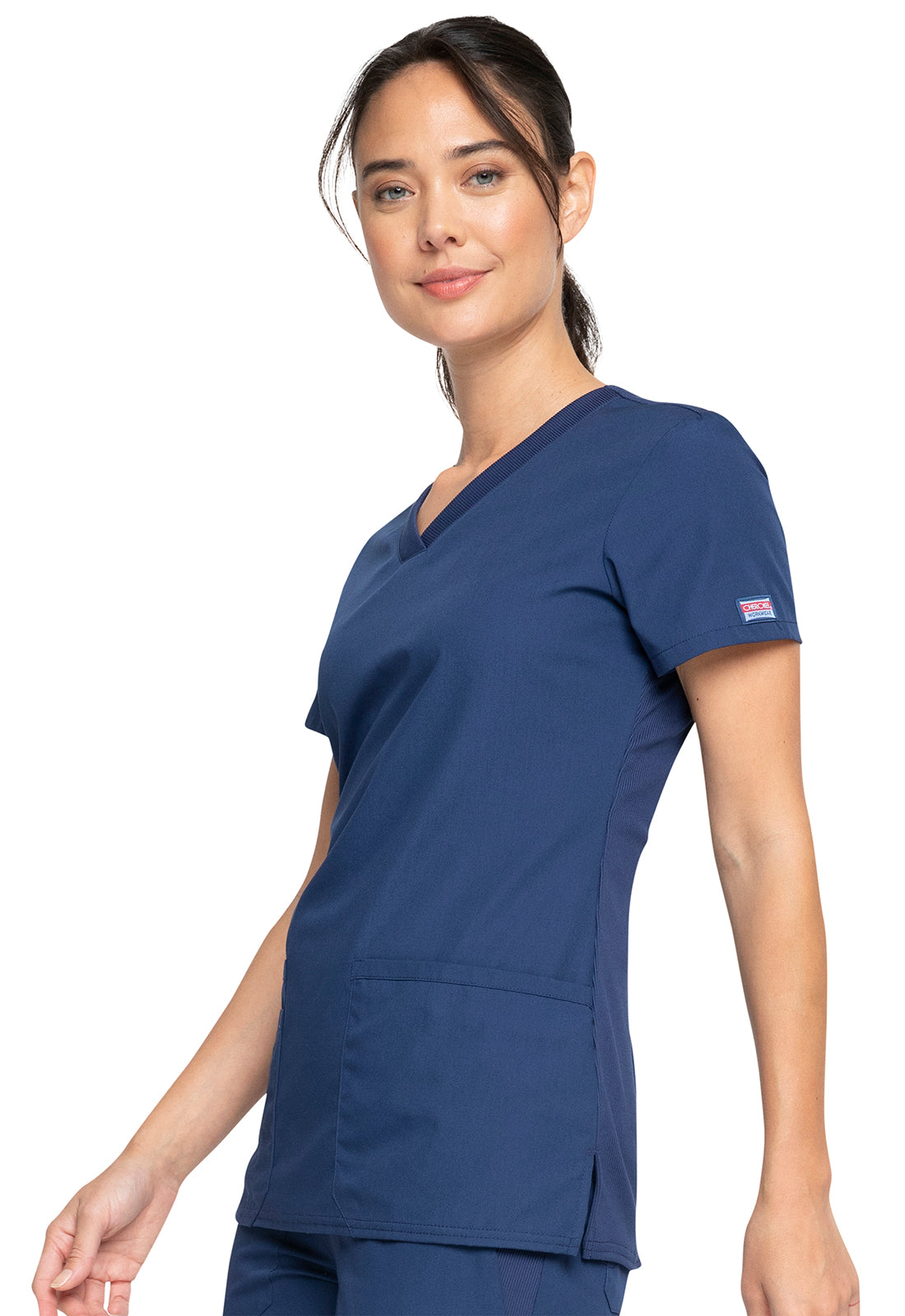 Originals WW645 V-Neck Top Navy Model Image Right Side | Cherokee Workwear