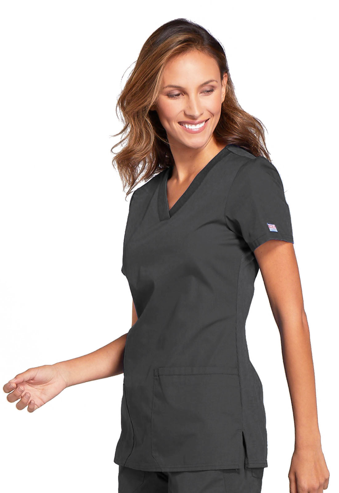 Originals WW645 V-Neck Top Pewter Model Image Right Side | Cherokee Workwear