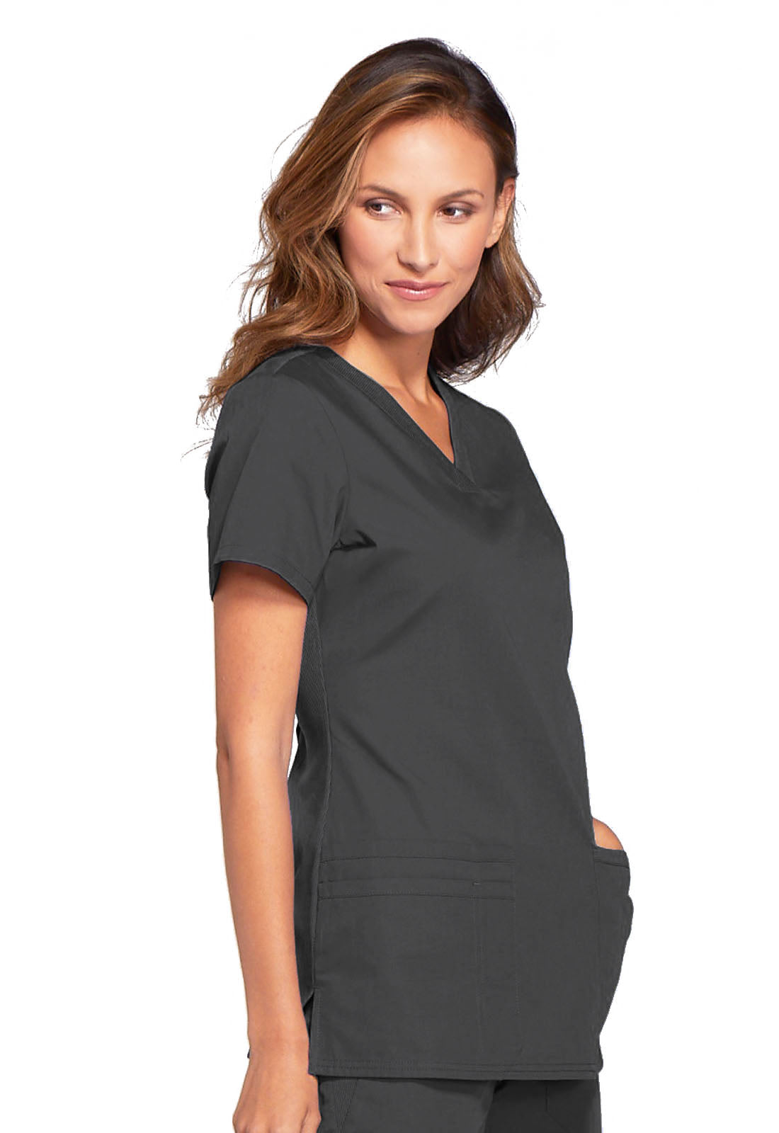 Originals WW645 V-Neck Top Pewter Model Image Left Side | Cherokee Workwear