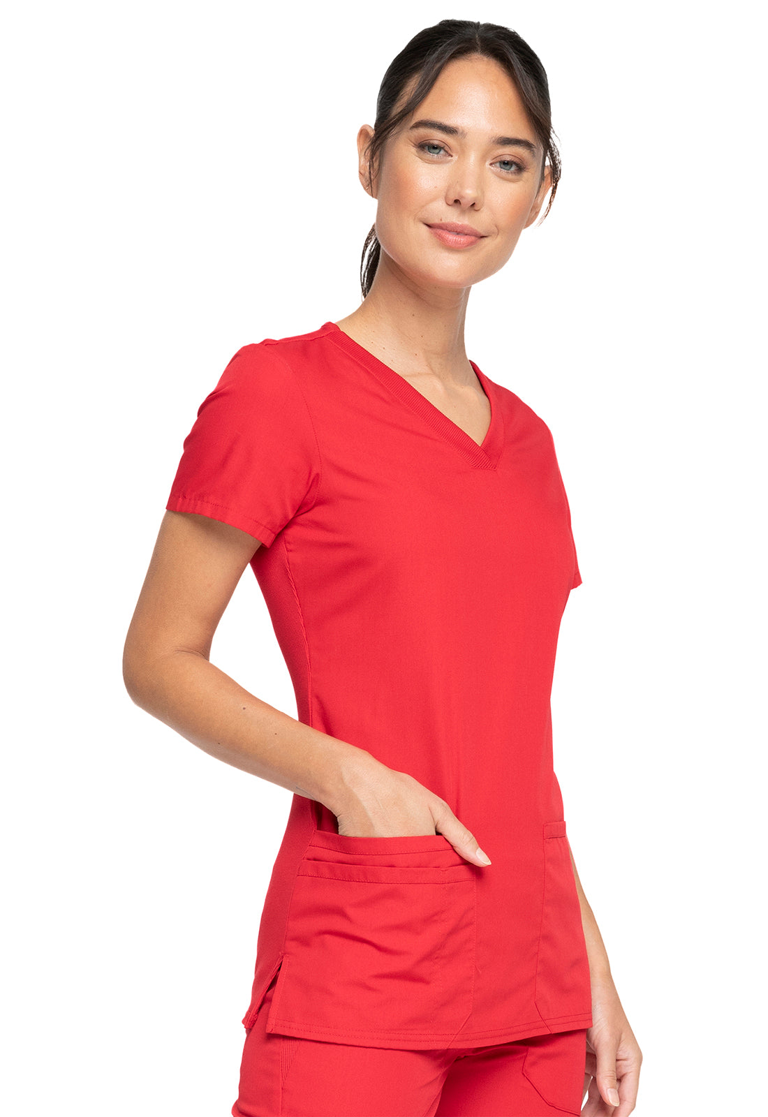 Originals WW645 V-Neck Top Red Model Image Left Side | Cherokee Workwear