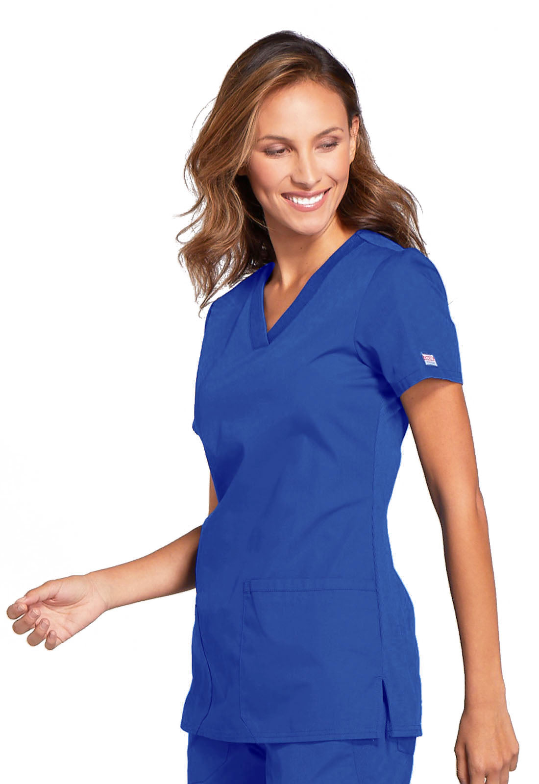 Originals WW645 V-Neck Top Royal Model Image Right Side | Cherokee Workwear