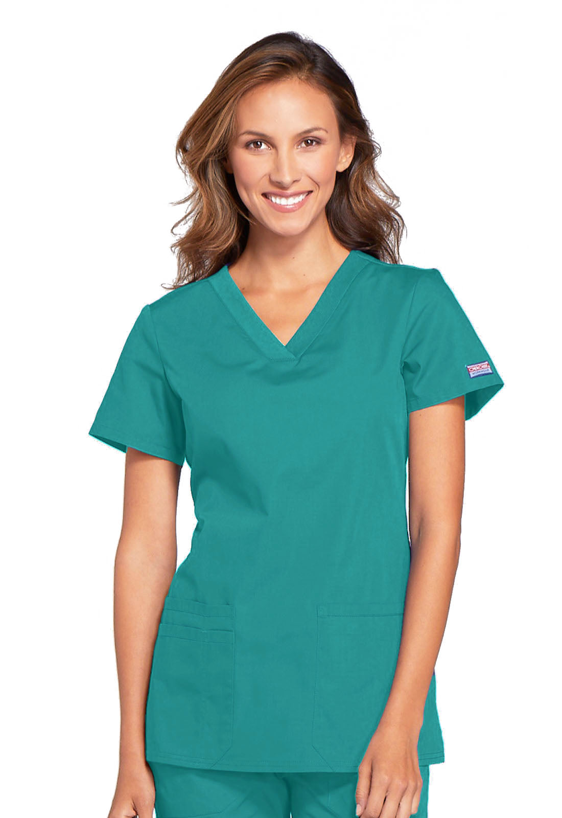 Originals WW645 V-Neck Top Teal Blue Model Image Front | Cherokee Workwear