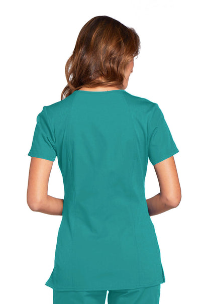 Originals WW645 V-Neck Top Teal Blue Model Image Back | Cherokee Workwear